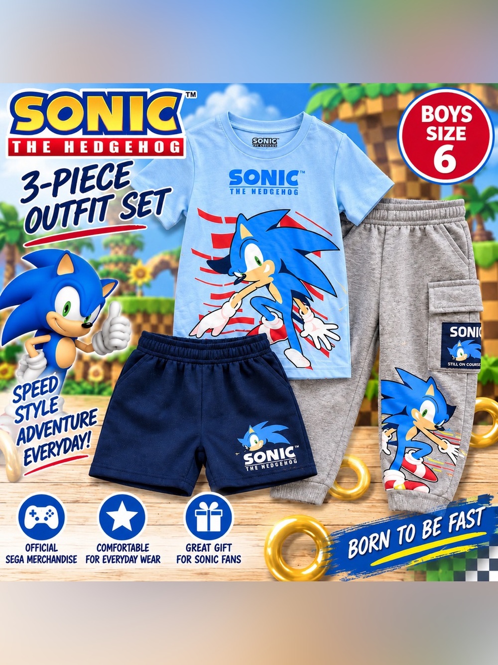 Sonic the Hedgehog Boys Size 6 3-Piece Outfit Shirt Shorts Joggers SEGA 35th
